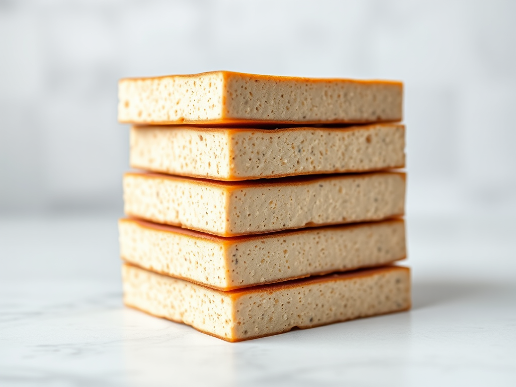 Create an image of a stack of tempeh blocks arranged neatly on a white surface, using a Canon EOS R5 camera with a 50mm f/1.2 lens, ISO 100, aperture f/2.8, shutter speed 1/125 sec, natural lighting for a soft look and shallow depth of field.
