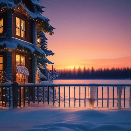 A Cozy Winter Evening at a Snowy Cabin by the Frozen Lake
