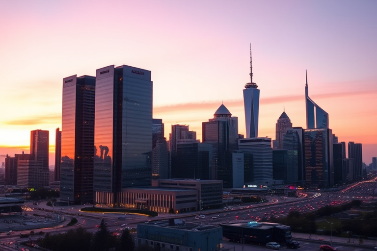Generate a high-quality image of a sleek modern city skyline at sunset with vibrant colors, using a DSLR camera with a 50mm lens, aperture set to f/8, ISO 200, and a long exposure of 1 second for capturing light trails, shot from a low angle to emphasize the buildings against the sky.