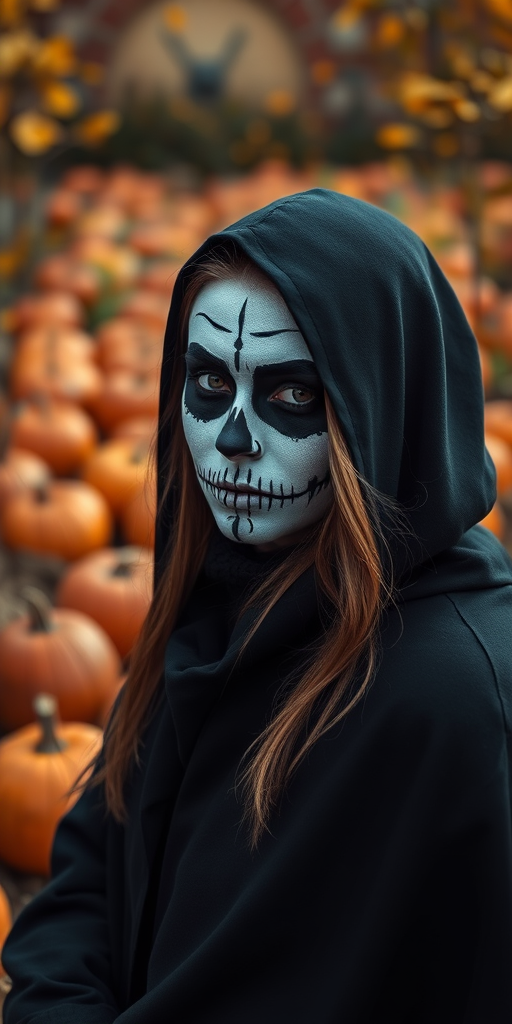 Portrait of a woman with skull face paint wearing a dark cloak in an autumnal setting with pumpkins, shallow depth of field, soft lighting, captured with a Canon EOS R5, 50mm lens, f/1.8, ISO 100, natural light.