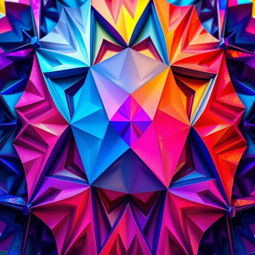 Create a high-resolution digital artwork of an abstract geometric pattern with vibrant colors and intricate shapes, captured using a Canon EOS R5 at f/4.0, ISO 100, 24mm focal length, with a macro lens for detailed texture, ensuring sharp focus and vivid color saturation.
