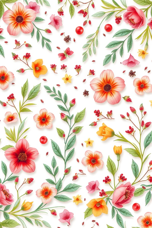 Create a vibrant floral pattern featuring a variety of flowers, leaves, and berries on a light background with white and soft pastel colors, using a DSLR camera with a 50mm lens, aperture f/1.8, ISO 100, and natural soft lighting to enhance detail and color vibrancy.