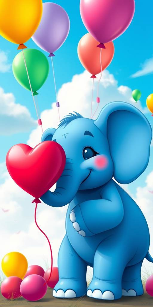 Generate a vibrant cartoon image of a cute blue elephant holding a heart-shaped balloon against a blue sky with fluffy clouds and colorful balloons, using a Canon EOS 90D, aperture f/4.5, ISO 100, 24mm focal length, in a bright and playful style.