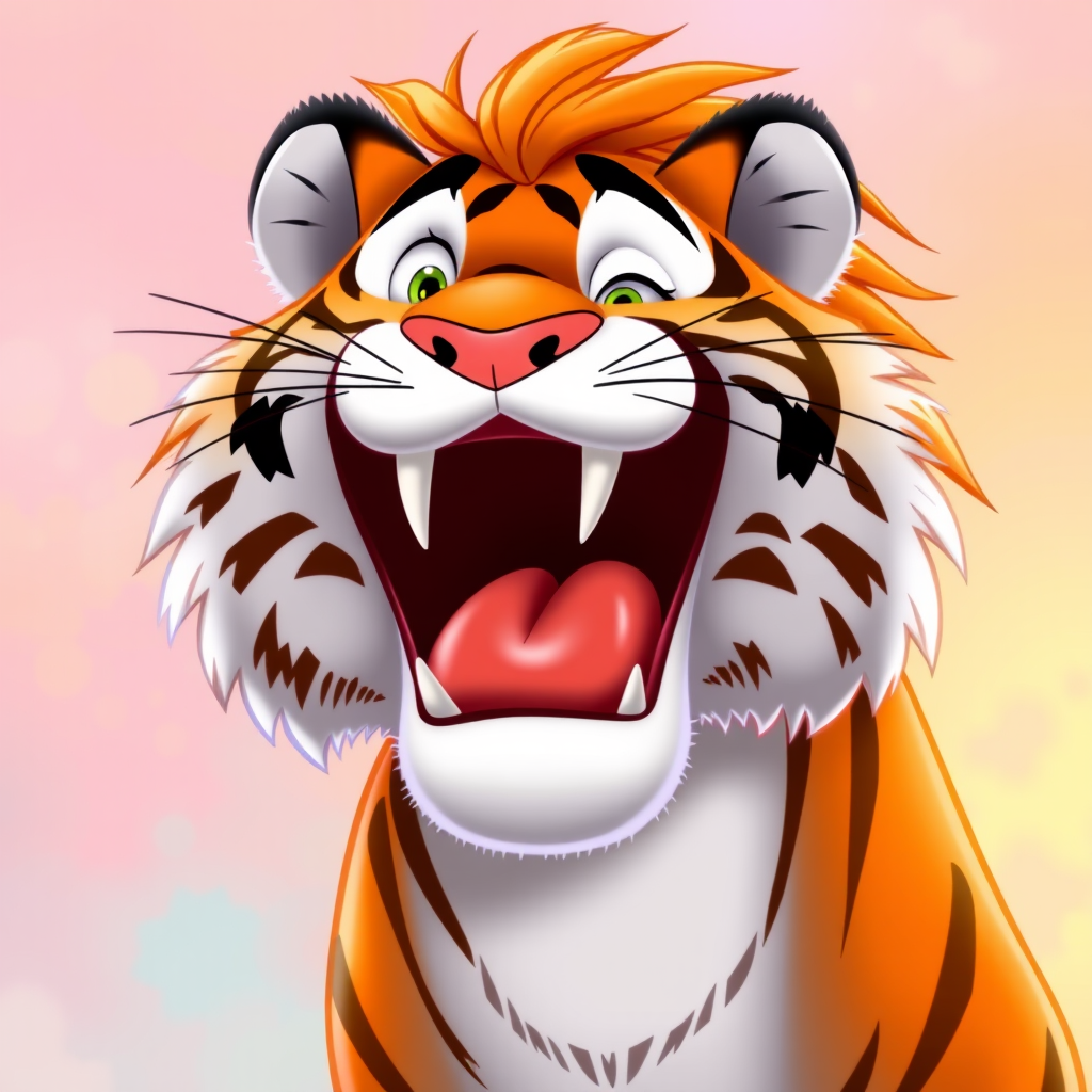 Disney style, cartoon illustration of an orange and white tiger with messy hair smiling very wide open mouth showing, in the Disney Pixar animation style, in the style of Don Bluth, full teeth body, with a very detailed face, very detailed eyes, very detailed fur, full color, very colorful, with a very colorful background, soft pastel colors, high resolution, high quality, high detail, hyper realistic