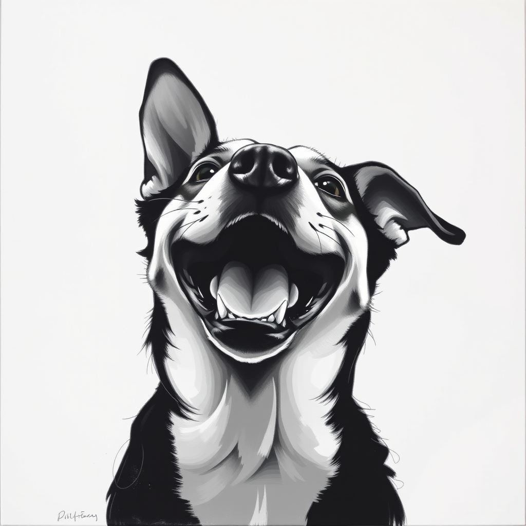 Abstract black and white acrylic portrait of an over exaggerated laughing (dog). Minimalism style. White background.