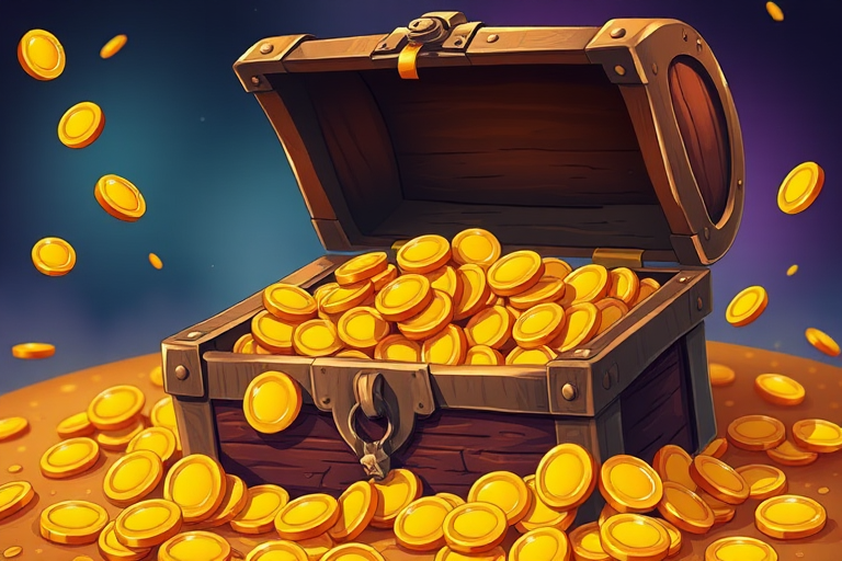 Illustration of an open treasure chest full of gold coins, camera settings: ISO 100, f/8, shutter speed 1/125s, camera view: close-up, camera style: vibrant colors, camera type: digital SLR.