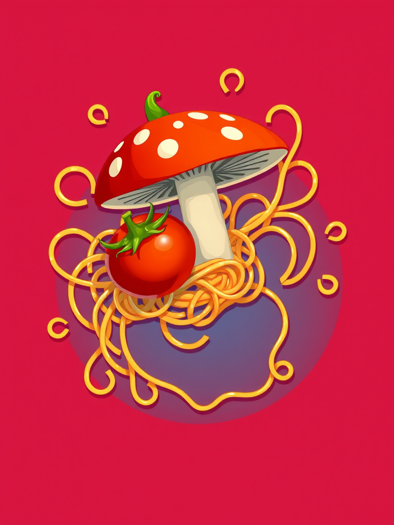 Create a vibrant illustration of a tomato and a mushroom with whimsical spaghetti noodles swirling around, captured with a DSLR camera at f/2.8 aperture, ISO 200, 50mm lens, top-down view, in a bright and colorful cartoon style.