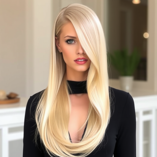 Elegant model displays Champagne Silk long hair, a luxurious blend of pale gold and ivory tones, styled in a sleek straight look with a deep side part