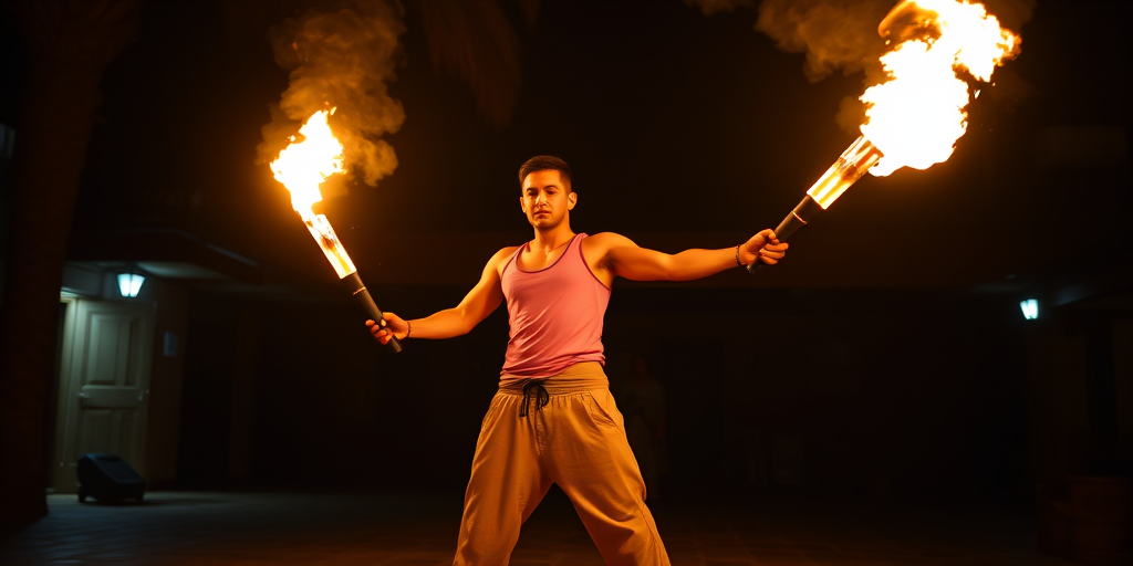 A fire performer in a pink tank top and loose pants, juggling flaming torches in a dimly lit courtyard, capturing a dynamic moment with flames illuminated against a dark background, DSLR camera, 50mm lens, aperture f/2.8, shutter speed 1/200 sec, ISO 800, focusing on the performer in sharp detail with a soft bokeh effect.