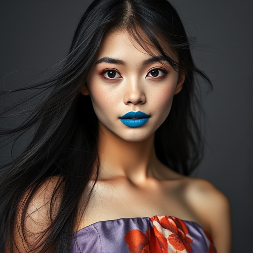 Photographic image of a beautiful young Ryukyuan woman, brown eyes, lips with cyan lipstick, long hair fluttering in the wind and wearing a silk strapless dress with a soft purple and orange print. monochrome image with only color highlights in the iris of the eyes, lipstick and dress. Gray background.