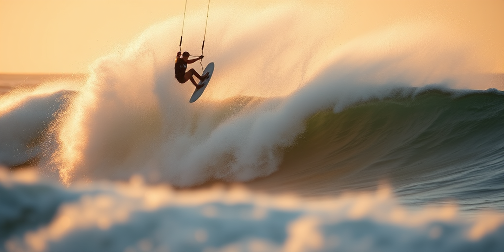 Blurry action shot of a kite surfer catching air over a massive wave, soft sunset light casting golden hues on the water, with a distant horizon barely visible through the spray.
