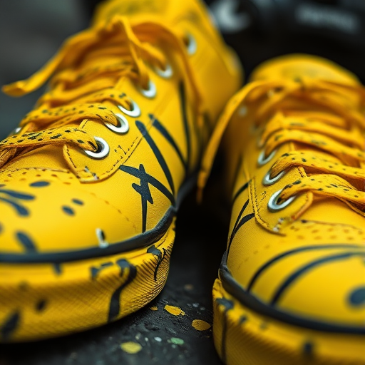 high-quality image of vibrant yellow sneakers with black graffiti art splatter, shallow depth of field, close-up shot, natural lighting, DSLR camera, f/1.8 aperture, ISO 100, 50mm lens.