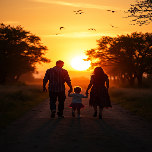 Create an image of a family of three walking hand in hand down a dirt road at sunset, with silhouettes of trees and birds flying in the sky, using a DSLR camera with a 50mm lens, aperture set to f/2.8, ISO 100, and a golden hour lighting effect for enhanced warmth and vibrant colors.