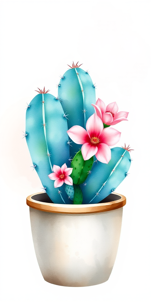 Create a watercolor illustration of a cactus in a rustic pot, featuring vibrant pads in shades of blue-green and soft pink flowers, set against a simple background with gentle colors.