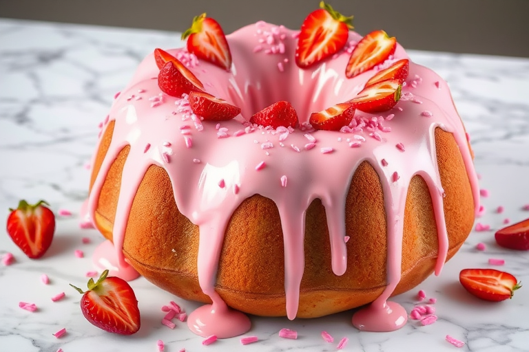 A beautifully decorated bundt cake with a pink strawberry glaze dripping down the sides adorned with dried strawberry slices and pink sprinkles on a marble surface with scattered strawberry pieces around it.