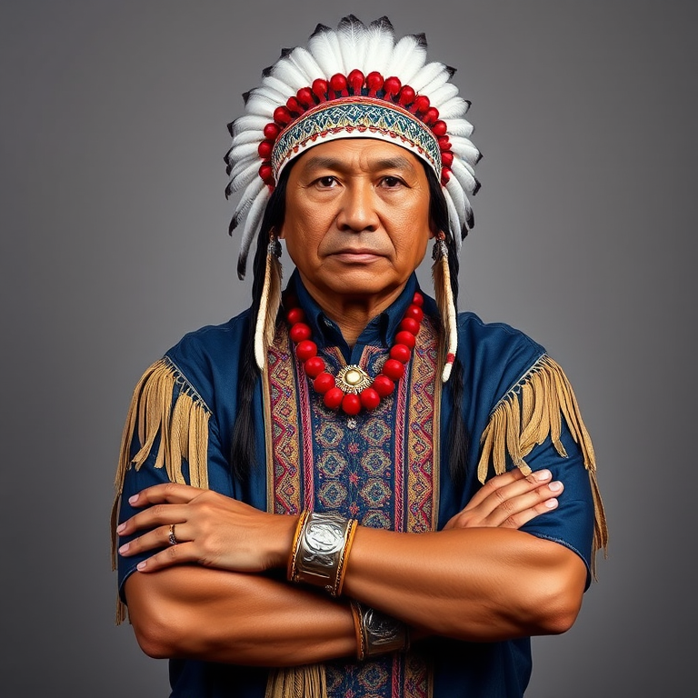 Create a dignified portrait of a Native American man dressed in traditional attire. He wears a beautifully crafted headdress adorned with white feathers and red beads, along with a beaded headband featuring intricate patterns. His clothing includes a deep blue, patterned shirt and a traditional chest piece with detailed beadwork. His arms are crossed, displaying leather armbands decorated with feathers. The background is simple and neutral, emphasizing his proud and stoic expression. The overall image captures the rich cultural heritage and strength of his persona.