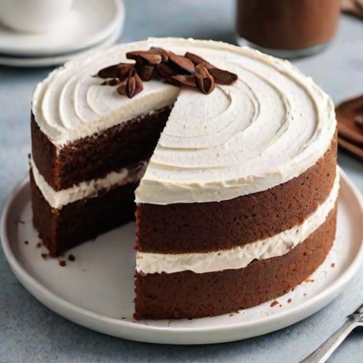 Create an image of a layered cake with a smooth, creamy frosting and a light dusting of cocoa powder on top. The cake should be presented on a round white plate, with a slice cut and placed on a small, simple dish beside it. The slice should reveal the distinct layers of cake and frosting, showcasing a delicious and inviting appearance. The background should be minimalistic to keep the focus on the cake.