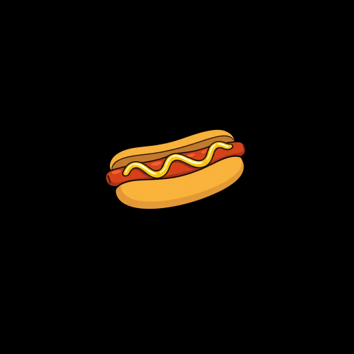 Create a cartoon-style illustration of a hot dog centered on a plain black background, using a Canon EOS R camera with a 50mm f/1.8 lens, set to an aperture of f/2.8, ISO 100, and a shutter speed of 1/60 sec, focusing on vibrant colors and smooth lines.