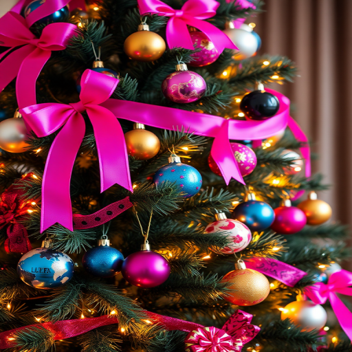 Create an image of a vibrant Christmas tree adorned with bright pink and purple ribbons, colorful ornaments in various sizes, and twinkling lights, capturing a festive and cheerful holiday atmosphere.