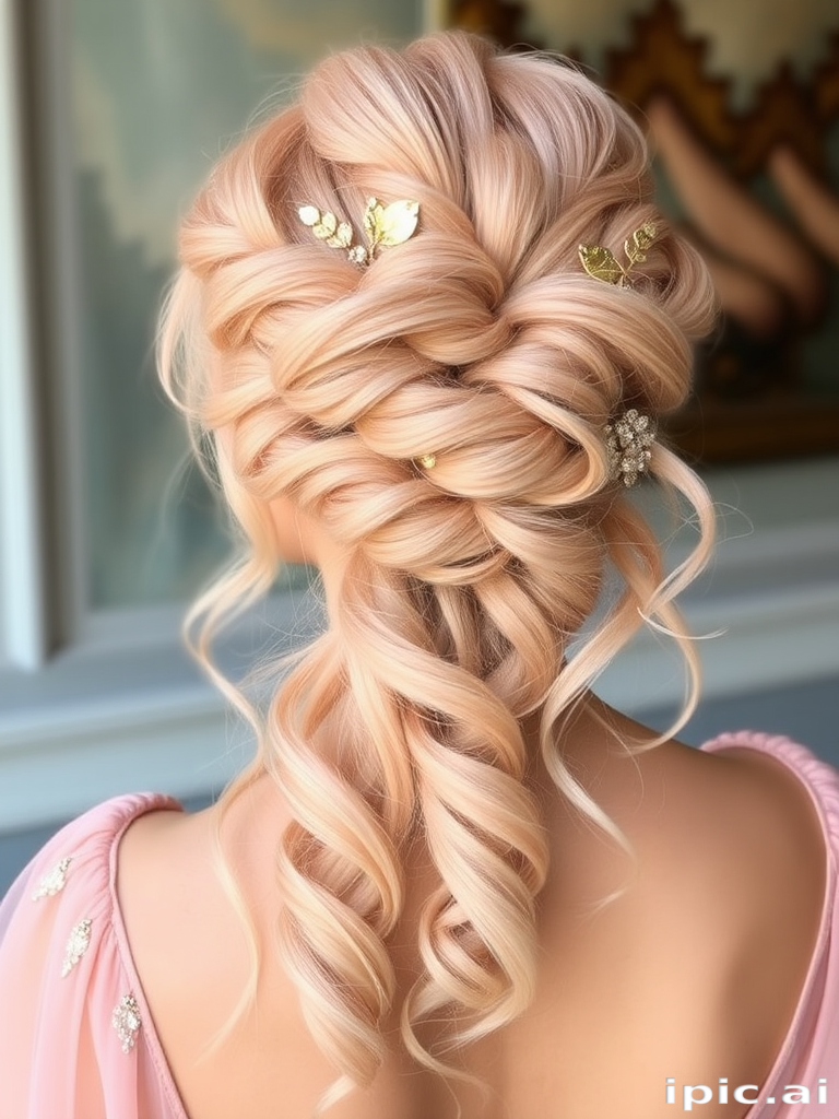 Pastel peach locks fashioned into a romantic, Grecian-inspired updo with delicate gold leaf accents and flowing tendrils, capturing the essence of "Aphrodite's Blush"