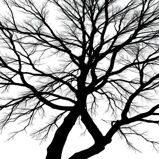 Create a high-resolution image of a minimalist black silhouette of a tree with detailed branches against a white background, using a DSLR camera at f/2.8 aperture, ISO 100, with a 50mm lens, taken from a low angle to emphasize height and depth.