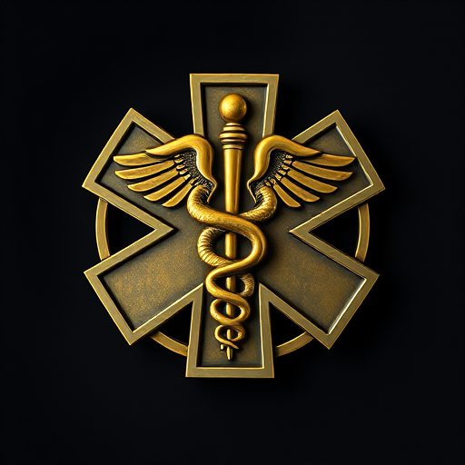 Create a high-resolution image of a medical emblem featuring a caduceus snake entwined around a staff, using a DSLR camera with a 50mm lens at f/1.8, ISO 100, and a slight vignette for emphasis, shot from a straight-on perspective with soft lighting to enhance details.