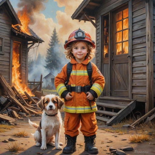 airbrushed oil painting, pixar style, cute little girl in fireman gear, helmet, tousled hair, expressive eyes, standing in the doorstep of a cottage burning behind him, holding a cute little dog in her arm, atumn sky