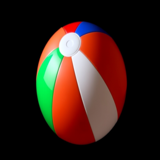 Generate a vibrant beach ball with distinct colored sections (yellow, blue, red, green, purple, and orange) on a solid black background, captured with a Canon EOS 90D, 50mm lens, f/2.8 aperture, ISO 100, using soft lighting for enhanced color depth and detail.