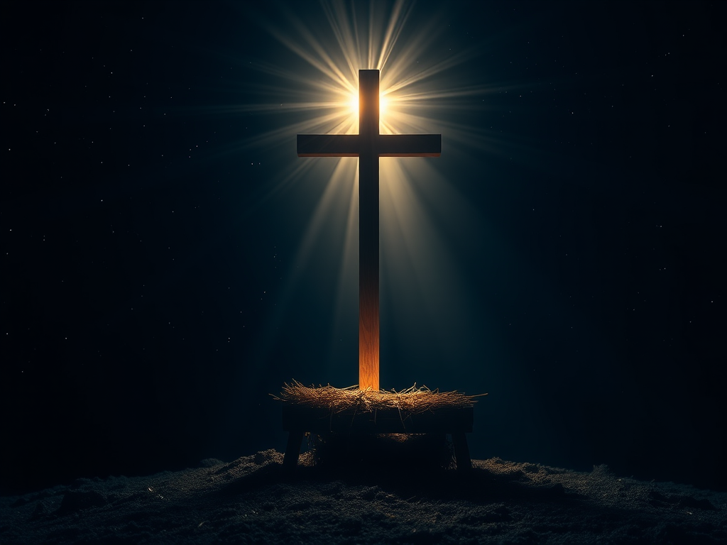 Create an image of a serene night scene featuring a radiant cross shining down from above. The light beams down onto a humble manger filled with hay, set in a dark, starry sky. The atmosphere should convey peace and hope, with soft illumination highlighting the manger below the cross.