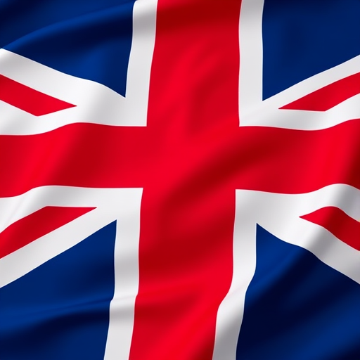 Create an image of the Union Jack flag with vibrant colors, shot with a Canon EOS R5, 50mm lens, f/1.8 aperture, ISO 100, with a sharp focus and a slight overhead angle for dynamic composition.