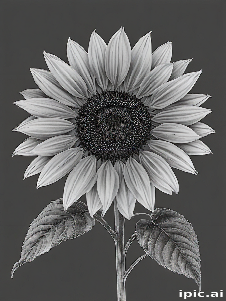 Elegant Black and White Illustration of a Detailed Sunflower with Leaves