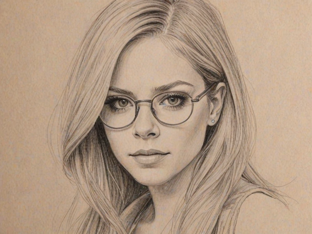 Attractive Avril Lavigne, pencil sketch, portrait of Elegant woman 1928s in glasses, hair style beatnik, outline, clear lines, fine lines, 8k