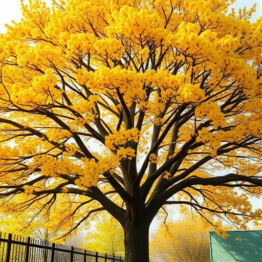 Generate a vibrant and detailed illustration of a large tree filled with bright yellow flowers, using a high-resolution digital art style, taken from a low angle view to emphasize the tree's height, simulated with a Canon EOS R5 camera settings at f/2.8, ISO 100, shutter speed 1/250s.