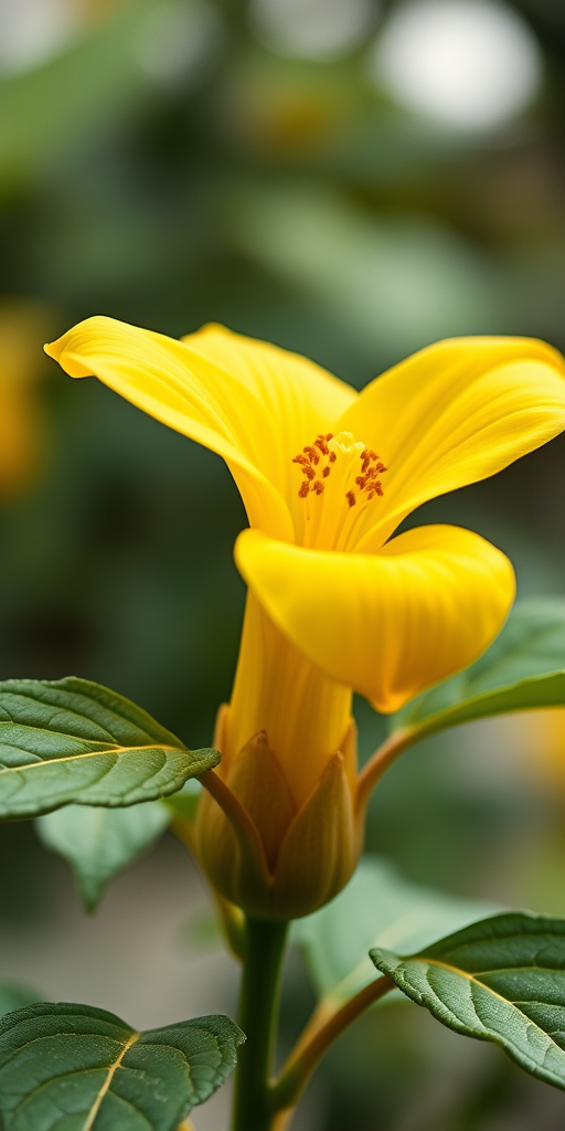 Generate a detailed illustration of a yellow flower with broad petals, green leaves, and a bulbous base, using a DSLR camera at f/2.8, 1/100 sec, ISO 100, in macro view with a soft focus background for enhanced image quality.