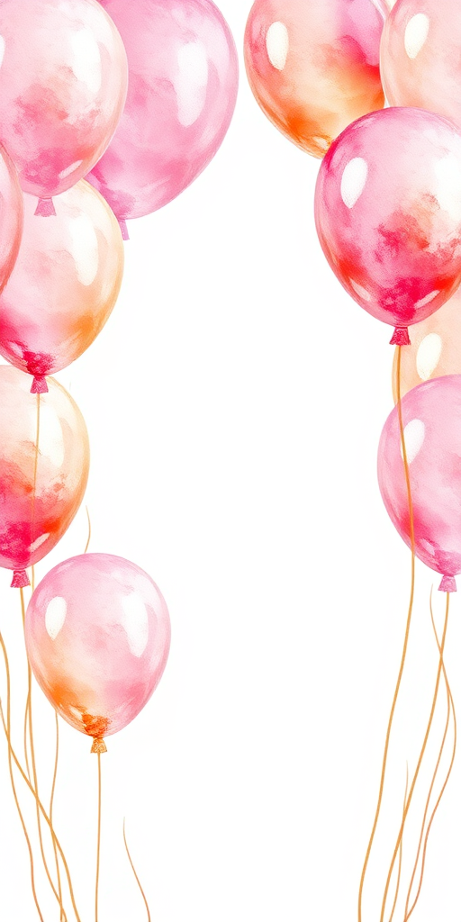 Create a watercolor illustration of pink and gold balloons with a blank white center for text, using a Canon EOS R5 camera, 50mm lens, f/2.8 aperture, 1/200 sec shutter speed, and natural soft lighting to enhance image quality.