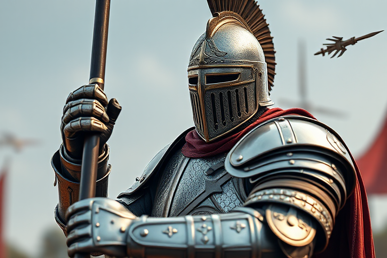 Generate a highly detailed 3D render of a medieval knight in full armor, wielding a spear, captured with a Canon EOS R5 at f/8, ISO 100, 1/250s, using a wide-angle lens at a low angle to emphasize the knight's stance and intricate armor textures against a softly blurred background.