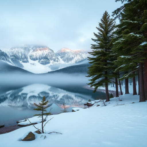 capture a serene winter landscape featuring a foggy lake surrounded by pine trees and mountains, time of day at dawn, camera settings ISO 100, aperture f/8, shutter speed 1/125, use a wide-angle lens at 24mm, shoot in RAW format for enhanced detail