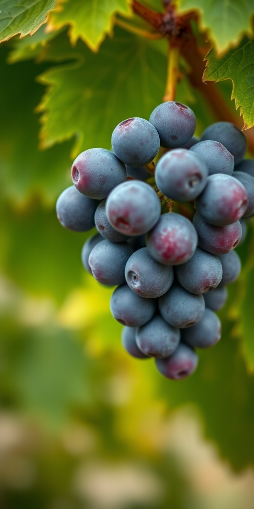 A close-up shot of ripe grapes hanging from a vine, with lush green leaves in the background, taken with a DSLR camera at f/2.8, ISO 100, 1/200 sec, using a macro lens, shallow depth of field for a soft-focus background.