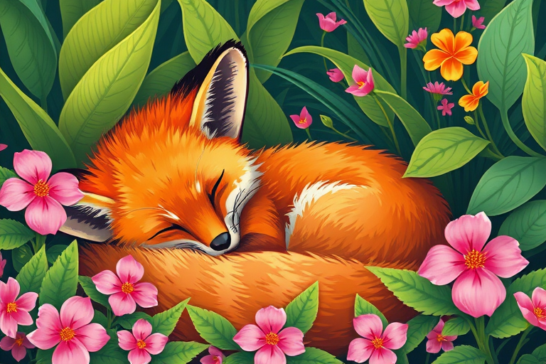 Generate a colorful illustration of a sleeping orange fox curled up among vibrant green leaves and pink flowers with high resolution, ISO 100, f/4, 50mm lens, natural light, digital art style.