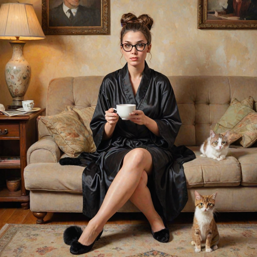 The words ‘Professional Overthinker’ (exact spelling) An exaggerated whimsical illustration of a cute silly lady with unruly messy brown bun and black glasses pouty lips and a thinking expression. Shes sitting on the couch, legs folded wearing a black silk robe, black fuzzy slippers. She’s holding her coffee cup and making a deep-in-thought face.  A quirky scruffy cat (dog) looking at her against a mottled, oil painting style soft background living room setting.