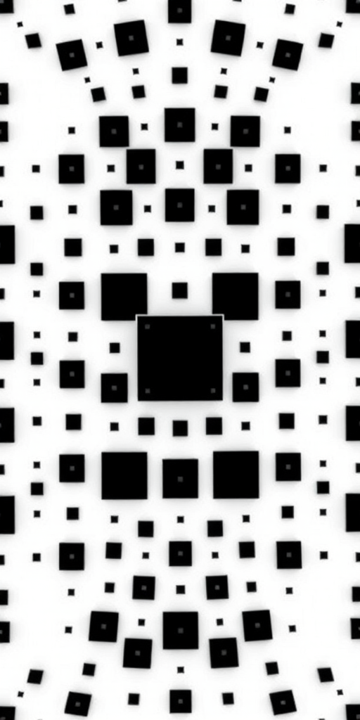 Create a fractal pattern featuring black squares in the center surrounded by smaller black squares on a white background with high contrast, using a Canon EOS R5 camera, 24mm lens, f/8 aperture, ISO 100, and a symmetrical perspective.