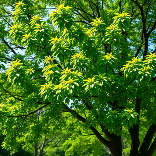 Generate a highly detailed image of a lush green tree with a clear background, captured with a 50mm lens at f/1.8, ISO 100, in natural daylight using a DSLR camera.