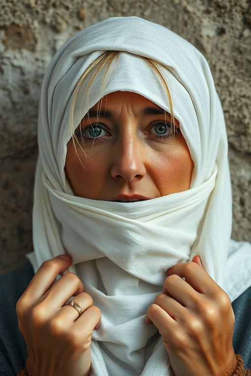 Create a close-up photographic image of a Turkmen woman with light skin tones shown against an old, worn wall. Their head is wrapped in a white cloth covering (i.e.... parts of the head except the nose and mouth, which are open as if they are screaming...), with a slight texture and visible folds in the fabric. Thin strands of blonde hair escape from the wrapping above, falling lightly at the top and sides. Their hands hold the fabric as if they are tugging nervously. The lighting is dramatic and even, casting strong shadows. The image has a minimalist and surreal style with an emphasis on simplicity with soft color tones. The composition is centered.