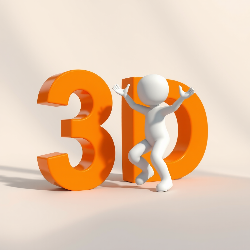 Create a 3D scene featuring a white figure playfully interacting with large orange "3D" text, using a Canon EOS R5 with a 50mm lens, f/2.8 aperture, ISO 100, 1/200s shutter speed, soft lighting for a clean background and enhanced depth.