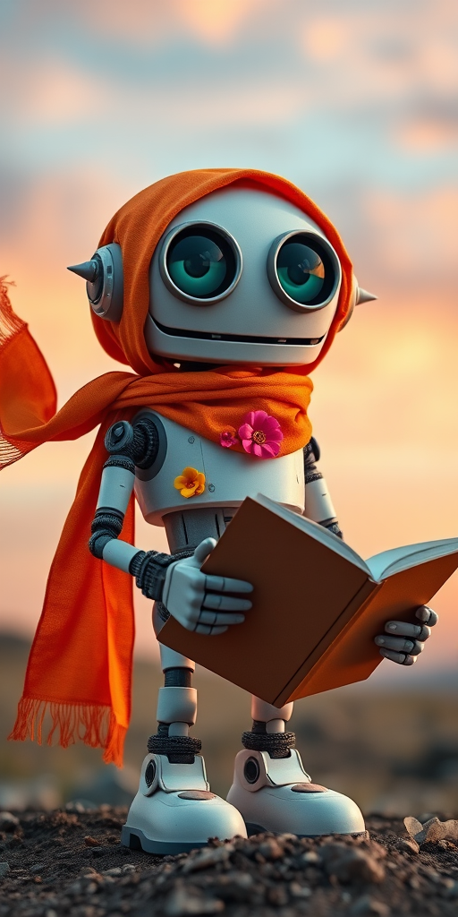 Create a whimsical robot figure with oversized eyes wearing a flowing orange scarf adorned with flowers, holding an open book, set against a dreamy pastel sky, captured with a DSLR camera at f/1.8, ISO 100, 50mm lens, in soft natural light.