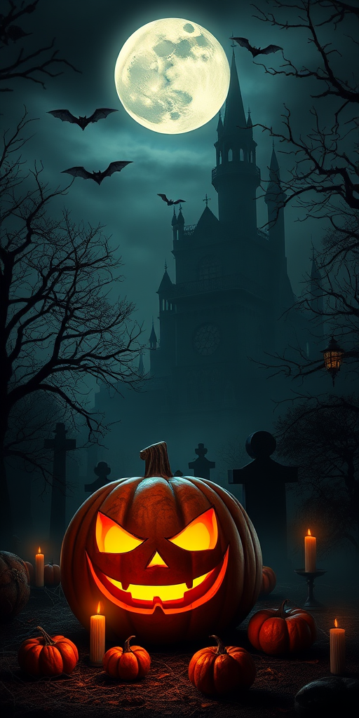 Create a spooky Halloween scene featuring a large glowing jack-o-lantern with a menacing face in the foreground surrounded by smaller pumpkins candles and cobwebs in a dark eerie graveyard with a full moon shining brightly in the night sky and a haunted castle in the background silhouetted against the moon with bats flying around spooky trees and a misty atmosphere