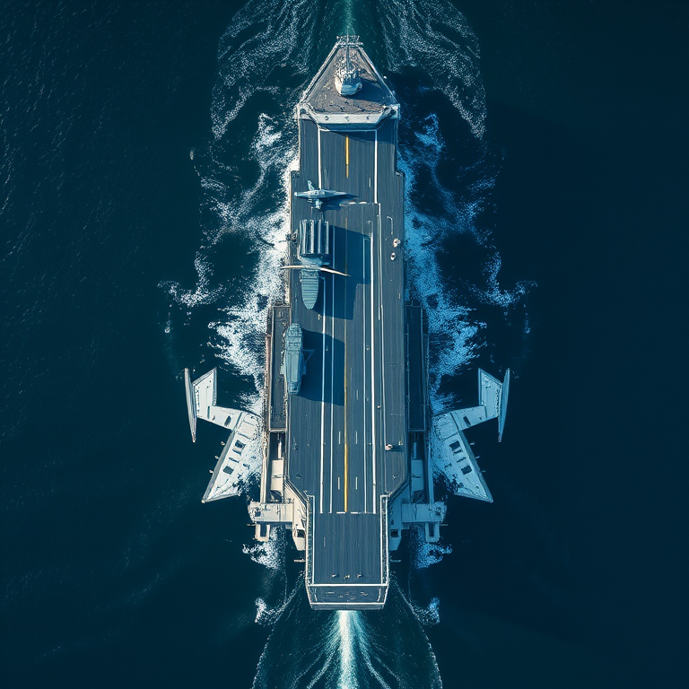 Generate a high-resolution illustration of an aircraft carrier from a top-down view, using a DSLR camera with a 50mm lens at f/8, ISO 200, shoot in RAW format for enhanced detail and clarity.