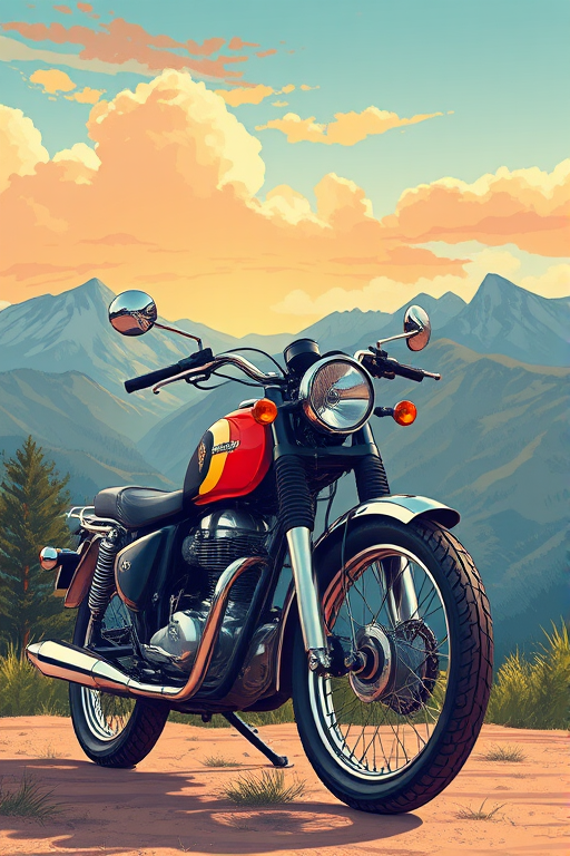 Create a vibrant illustration of a vintage motorcycle in the foreground, with a mountainous landscape in the background, using a wide-angle lens, aperture f/8 for clarity, ISO 100 for low noise, and a digital illustration style to enhance color and detail.