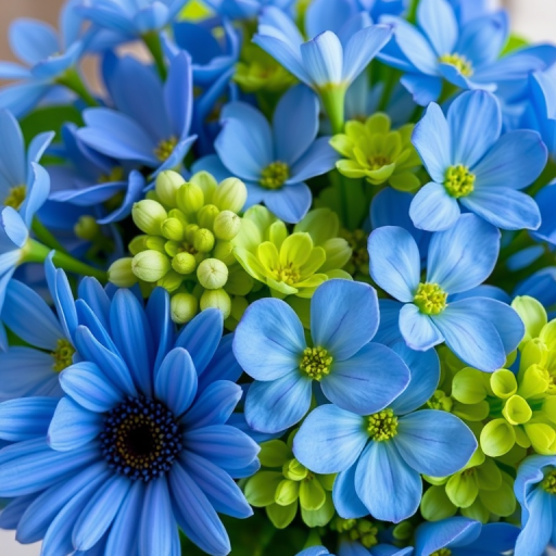 Floral arrangement with blue and green flowers in a vibrant bouquet, macro lens, f/2.8 aperture, 50mm lens, natural lighting, DSLR camera.