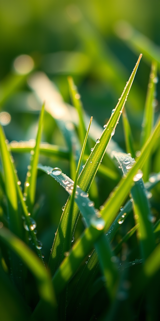 Close-up shot of dew-covered grass blades in soft morning light, f-stop: 2.8, ISO: 100, shutter speed: 1/200, taken with a DSLR camera, using a macro lens, in a shallow depth of field to enhance the vibrant green colors and textures.